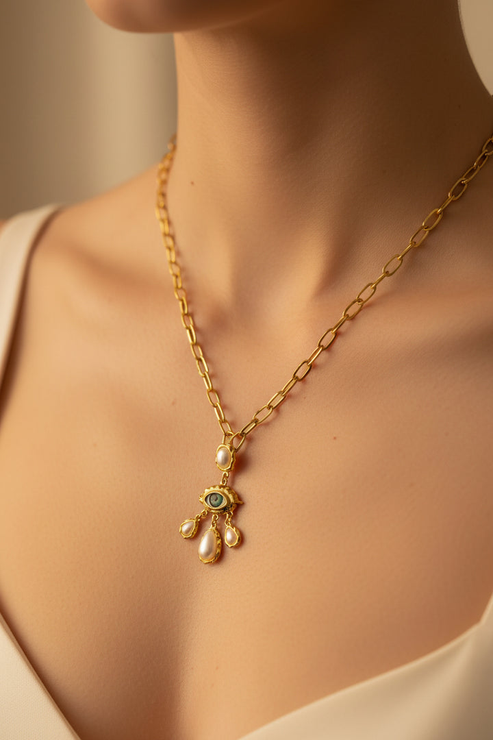 Evil Eye Pearl Charm Anti-Tarnish Necklace – 18K Gold Plated Statement Necklace for Women