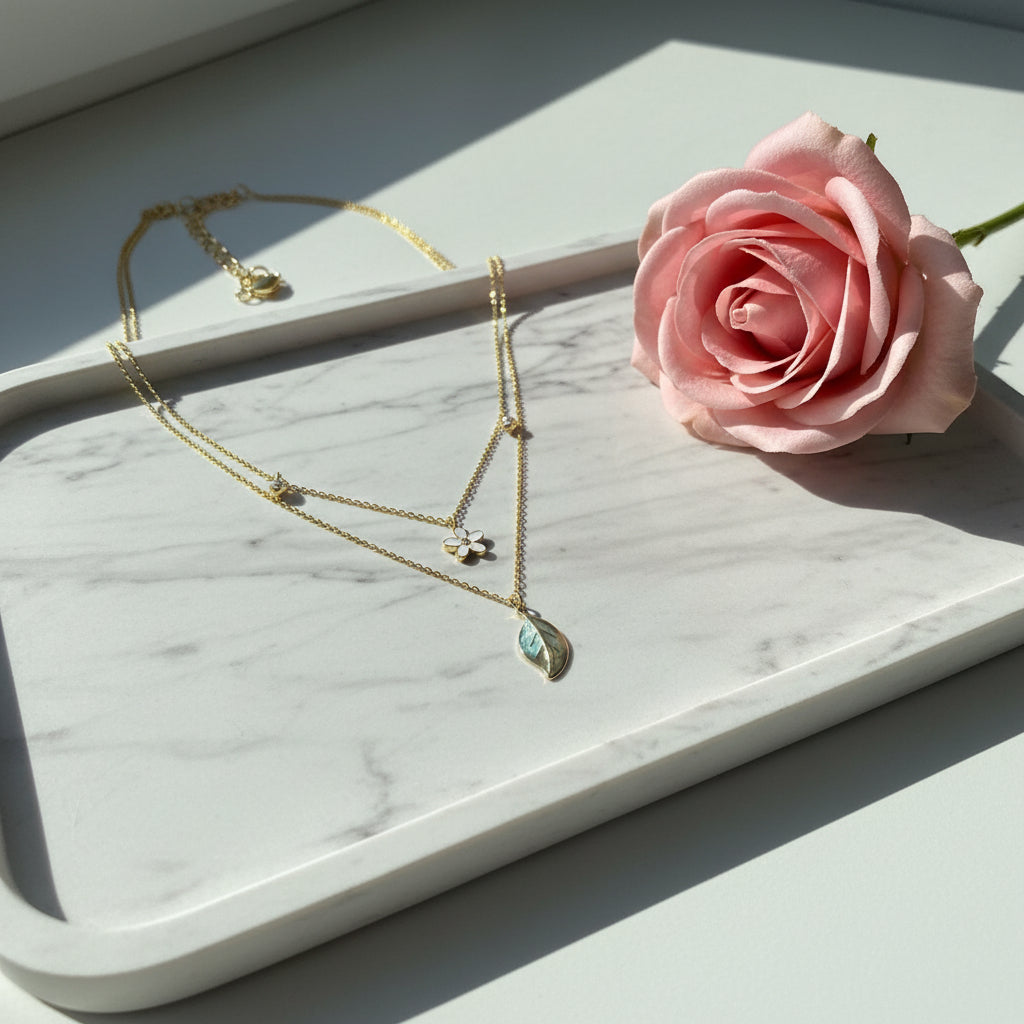 Golden Bloom Leaf Double Layer Necklace | Minimal Floral Pendant Necklace for Women