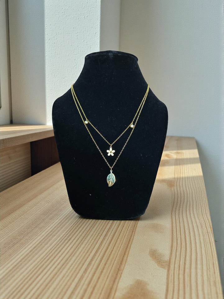 Golden Bloom Leaf Double Layer Necklace | Minimal Floral Pendant Necklace for Women