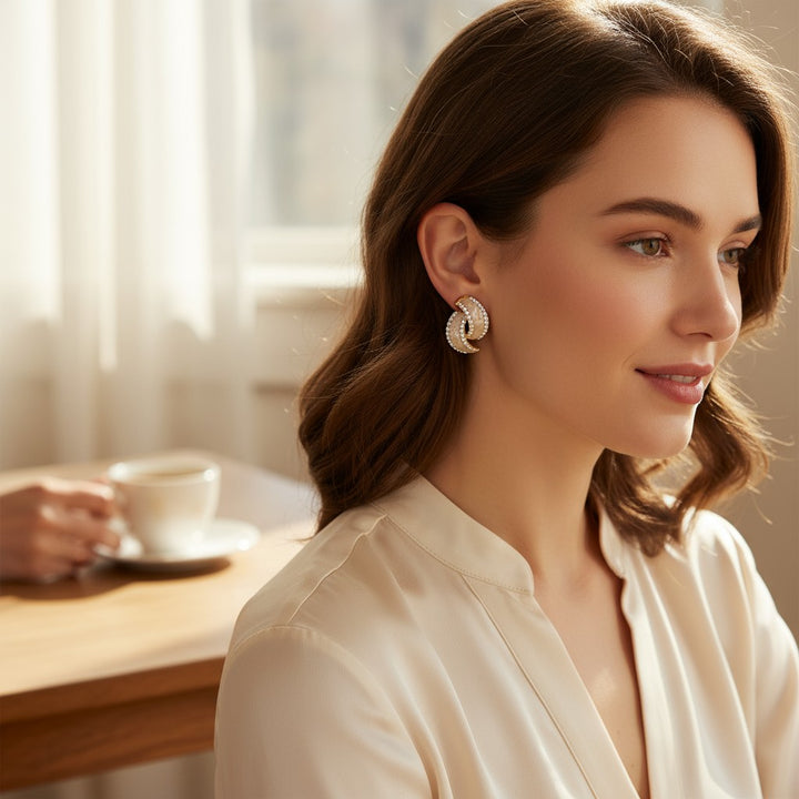 Golden Swirl Studs with Pearls//Super Glossy Studs