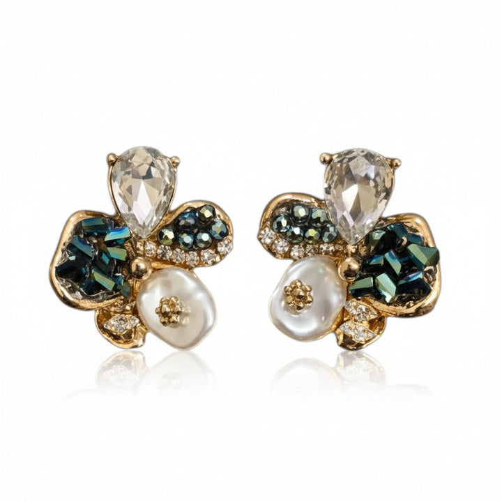 Floral Crystal & Pearl Stud Earrings | Gemstone Statement Earrings for Women