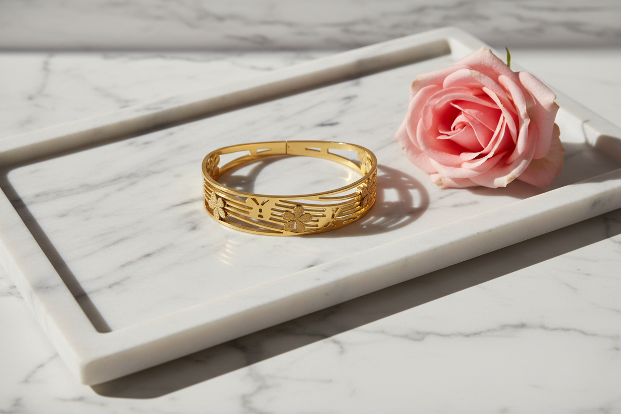 Gold Finish Floral Cutwork Cuff Bracelet for Women | Elegant Statement Adjustable Bangle
