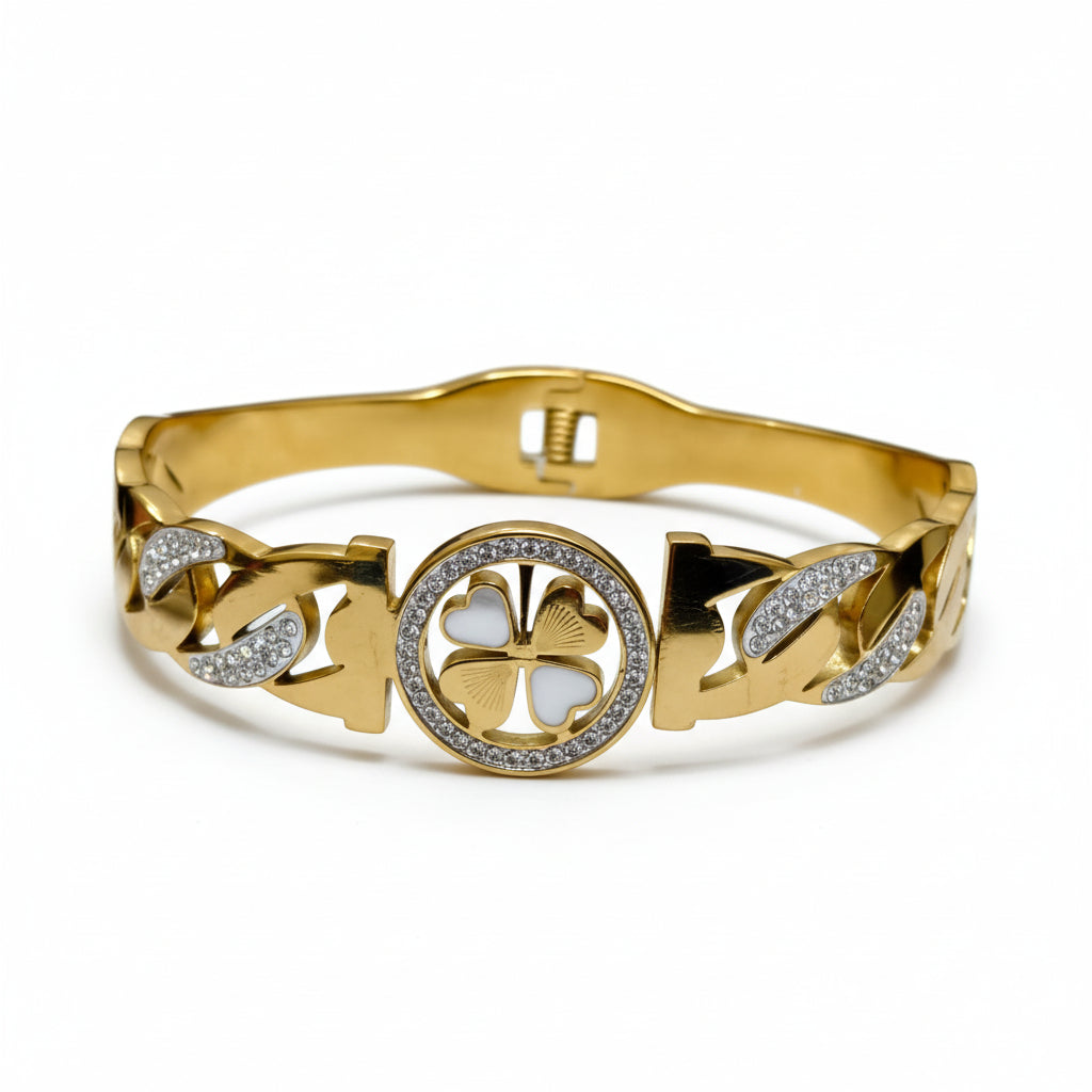 Gold Finish Clover Charm Bracelet for Women | Crystal Studded Statement Cuff&nbsp;&nbsp;
