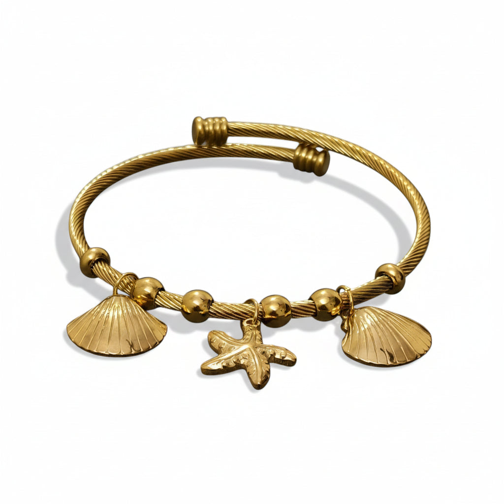 Ocean Charm Gold Finish Bracelet for Women | Shell & Starfish Adjustable Statement Bracelet